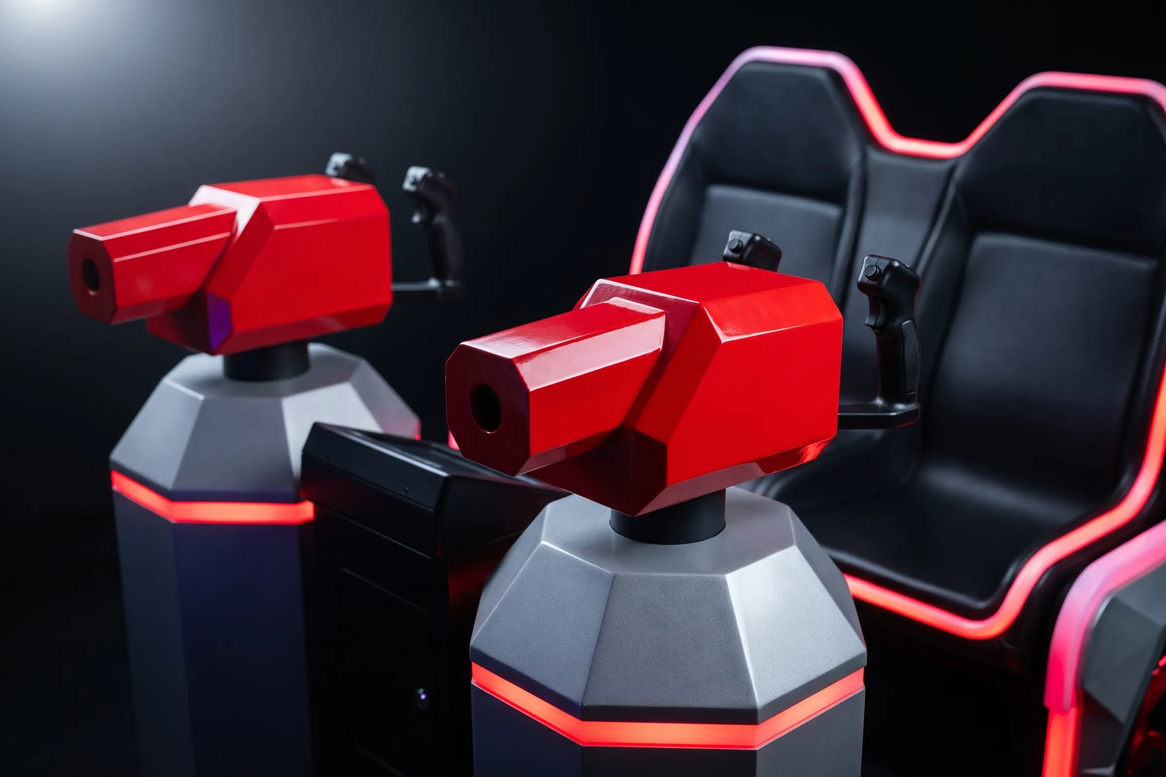 Close view of the two red turret controllers on their grey pedestals, with the two-seat motion bench behind.
