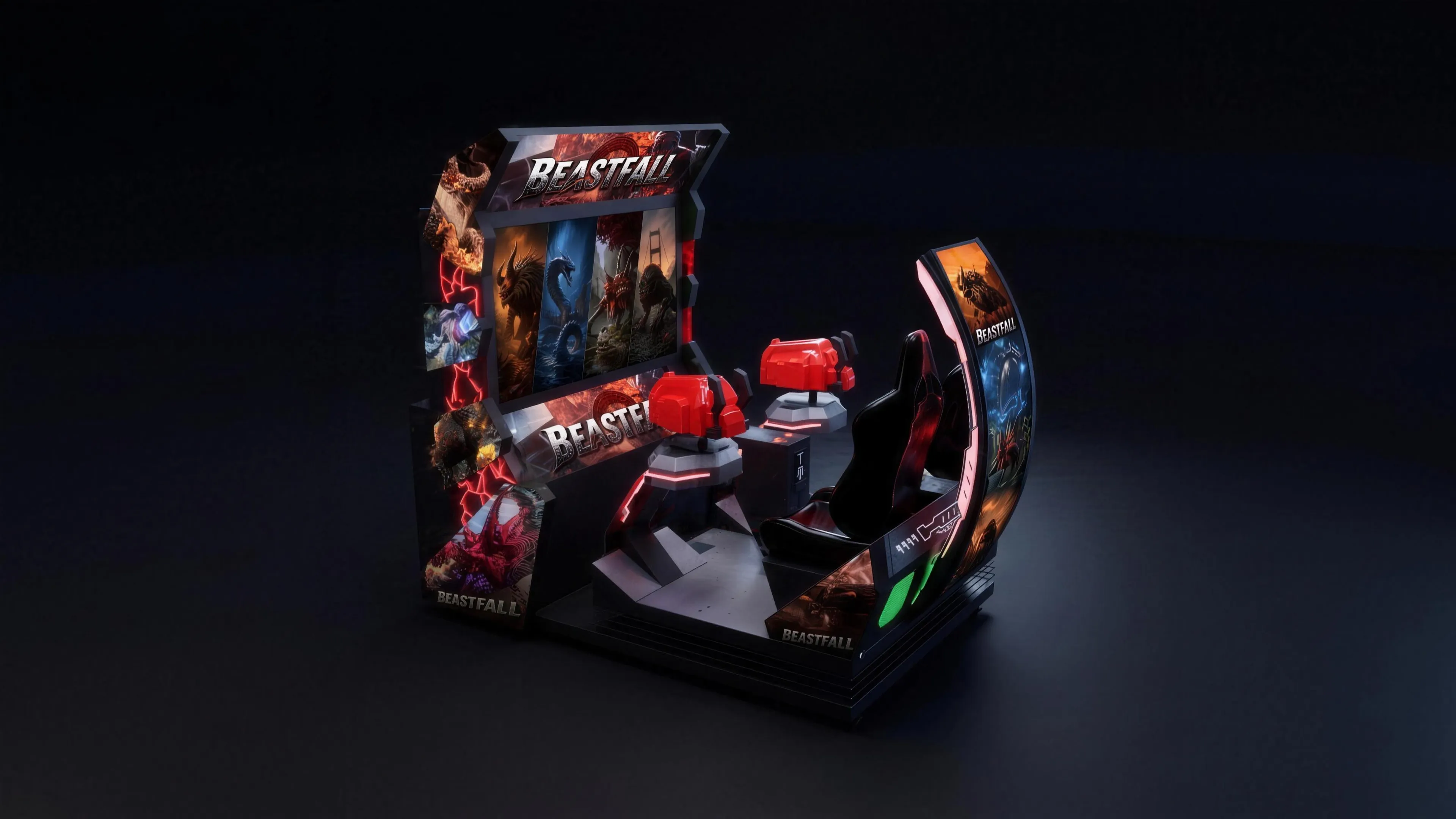 The Beastfall cabinet lit on a dark studio floor, showing the screen tower and twin turrets.