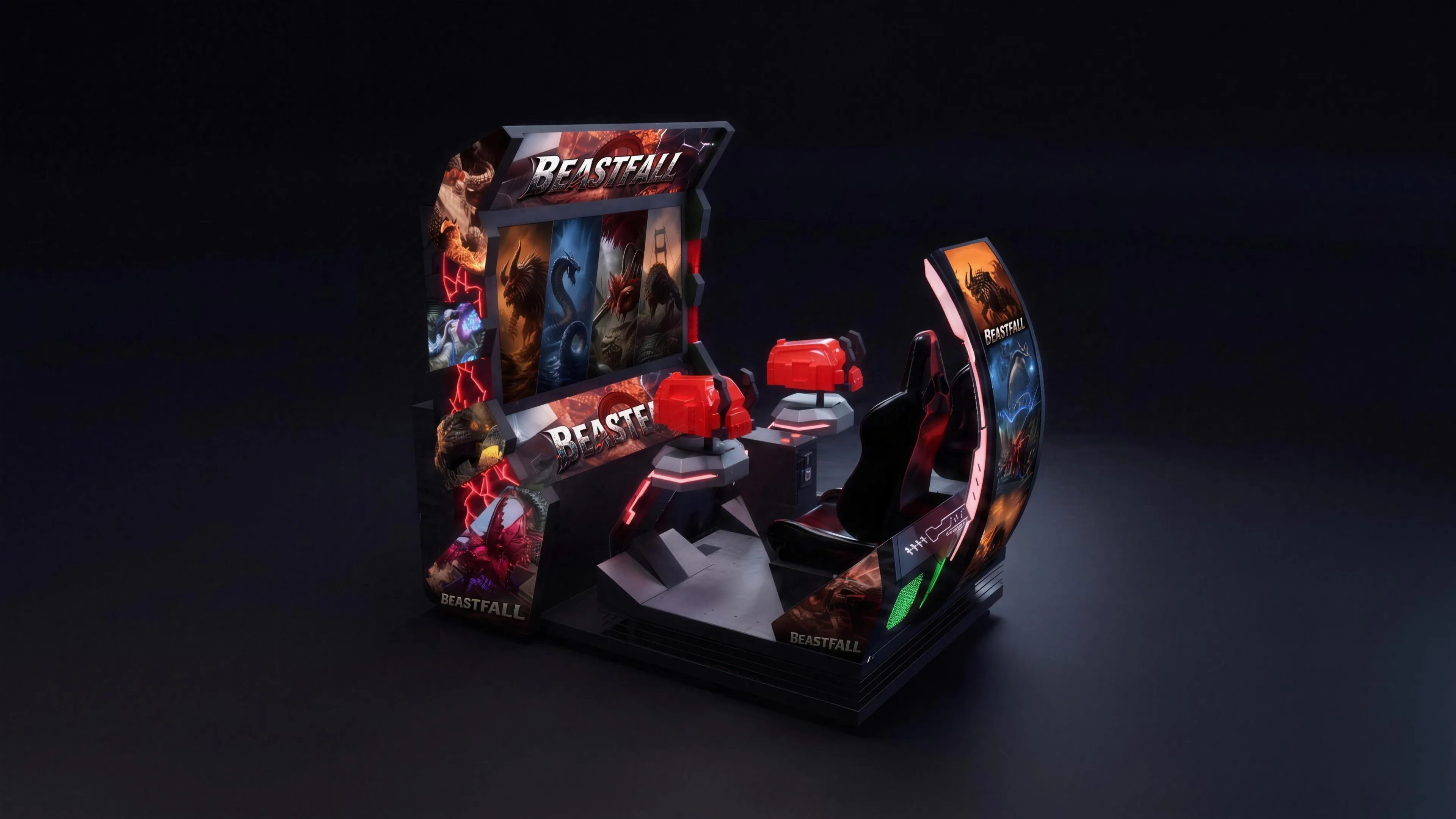 Beastfall from the opposite three-quarter angle, showing the printed monster artwork down the cabinet flank.