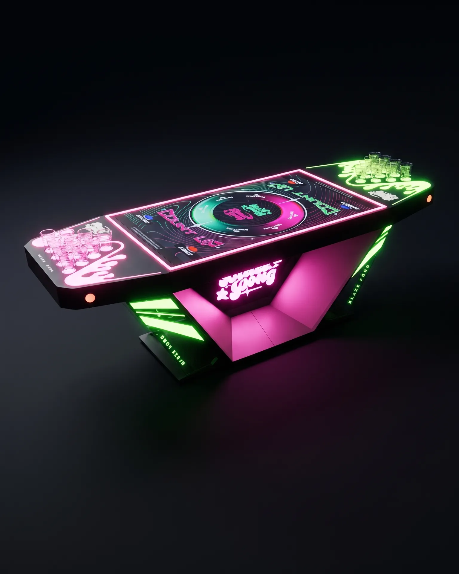 The Blaze Pong V1 regulation table lit pink and green on a dark studio floor.