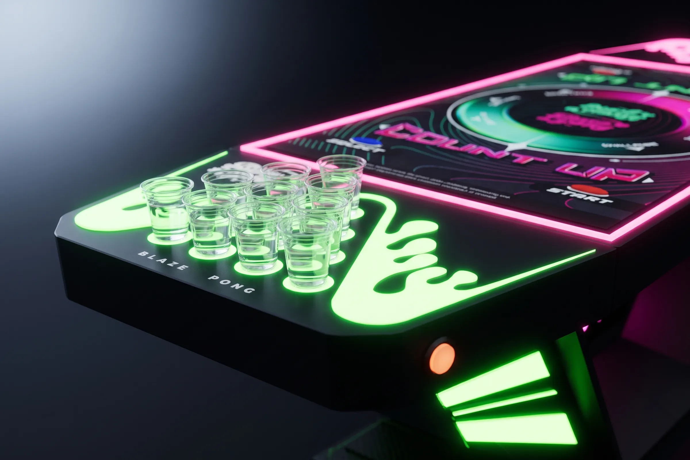 Close view of a flat rack shelf on Blaze Pong V1, with its triangular rack of illuminated cups.