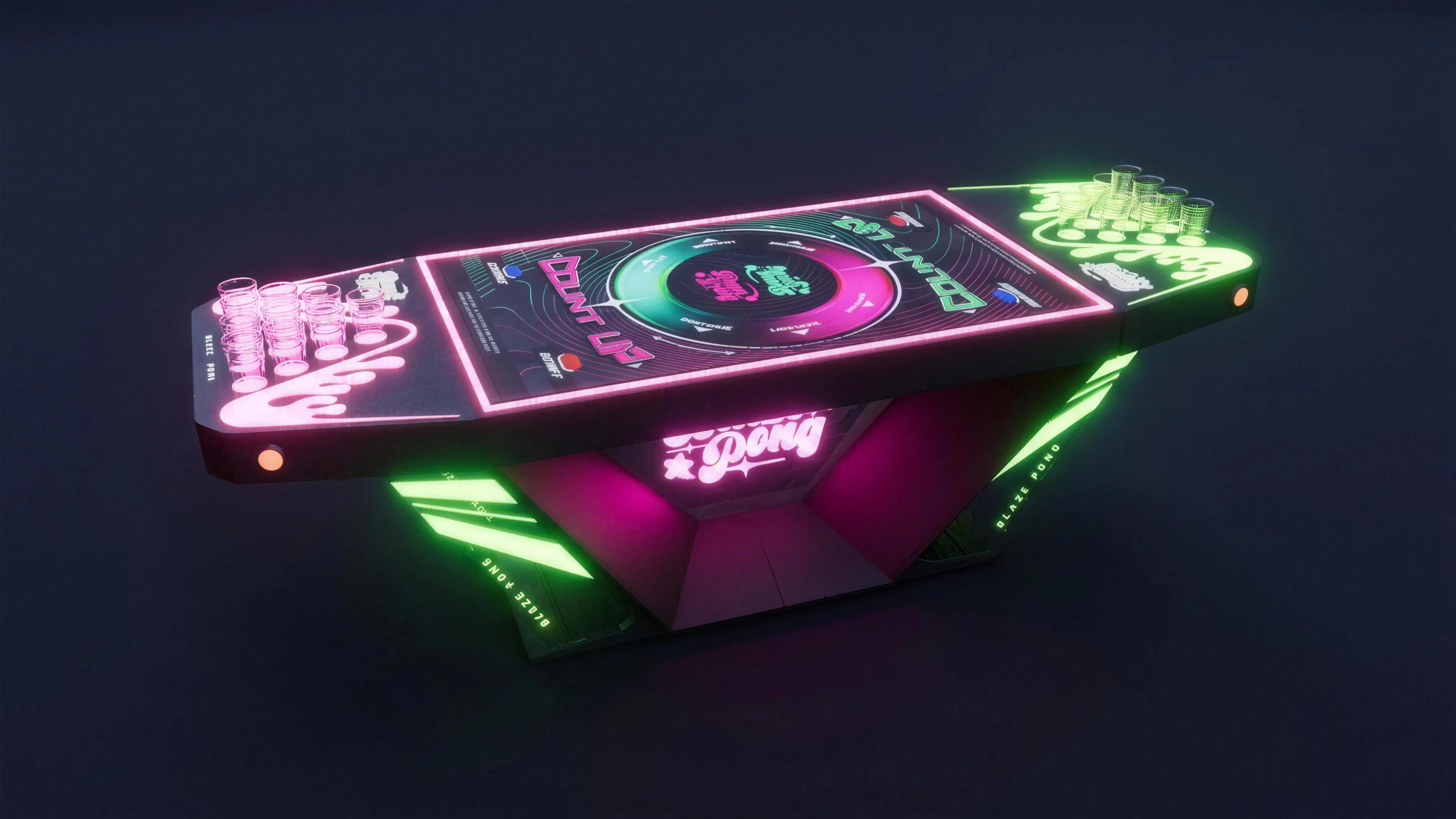 The Blaze Pong V1 regulation table on a dark studio floor, showing its full length, central pink pedestal and flat rack shelves.