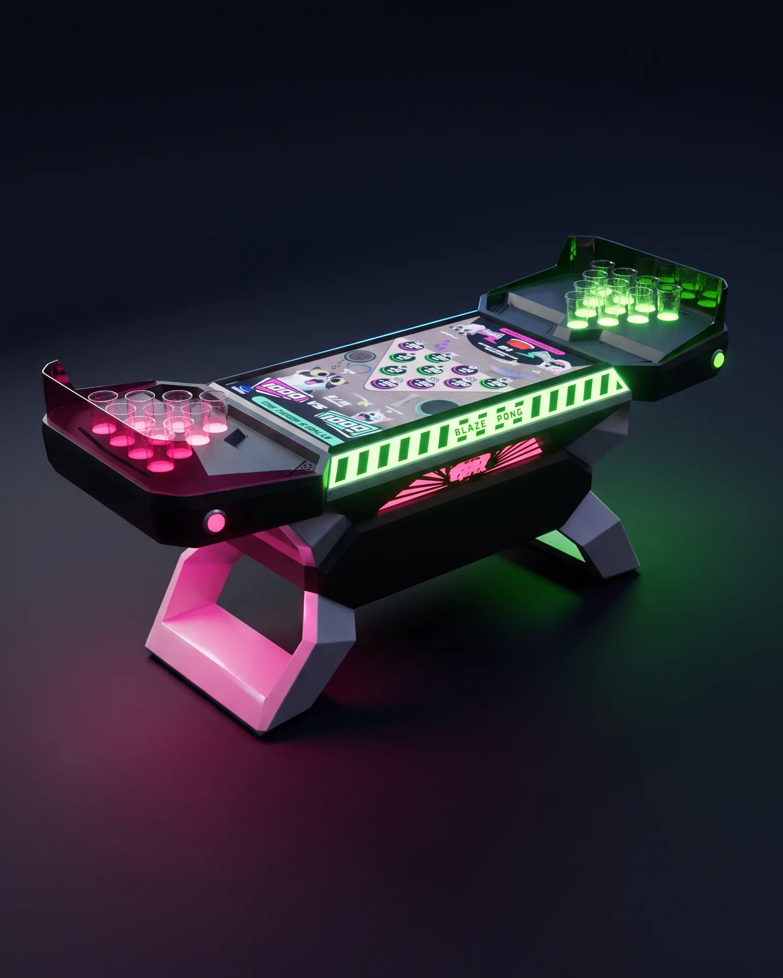 The Blaze Pong V2 compact social table lit pink and green on a dark studio floor.