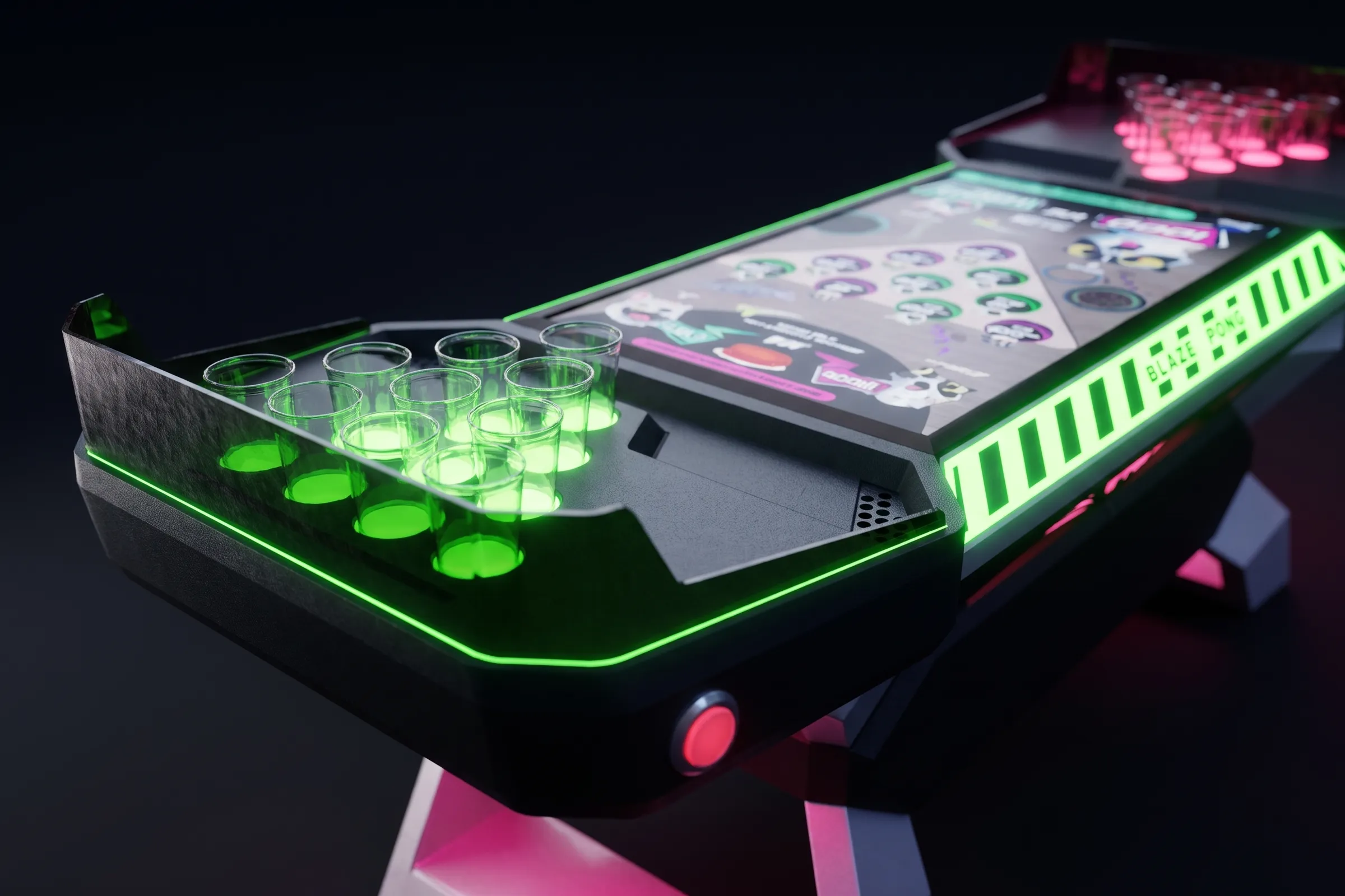 Close view of a sloped rack bed on Blaze Pong V2, with its illuminated cups and side guard wall.