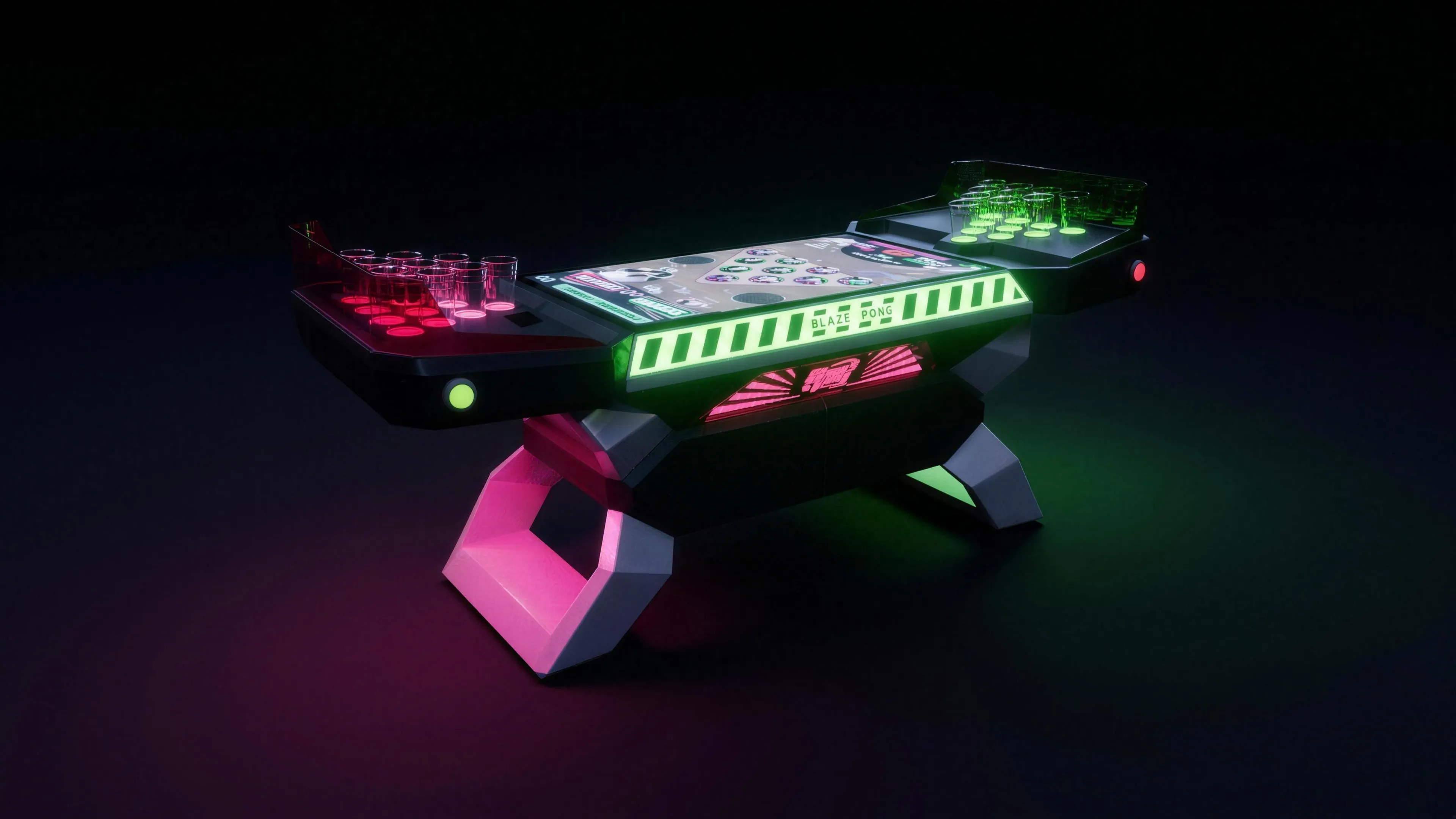 The Blaze Pong V2 table lit pink and green on a dark studio floor.