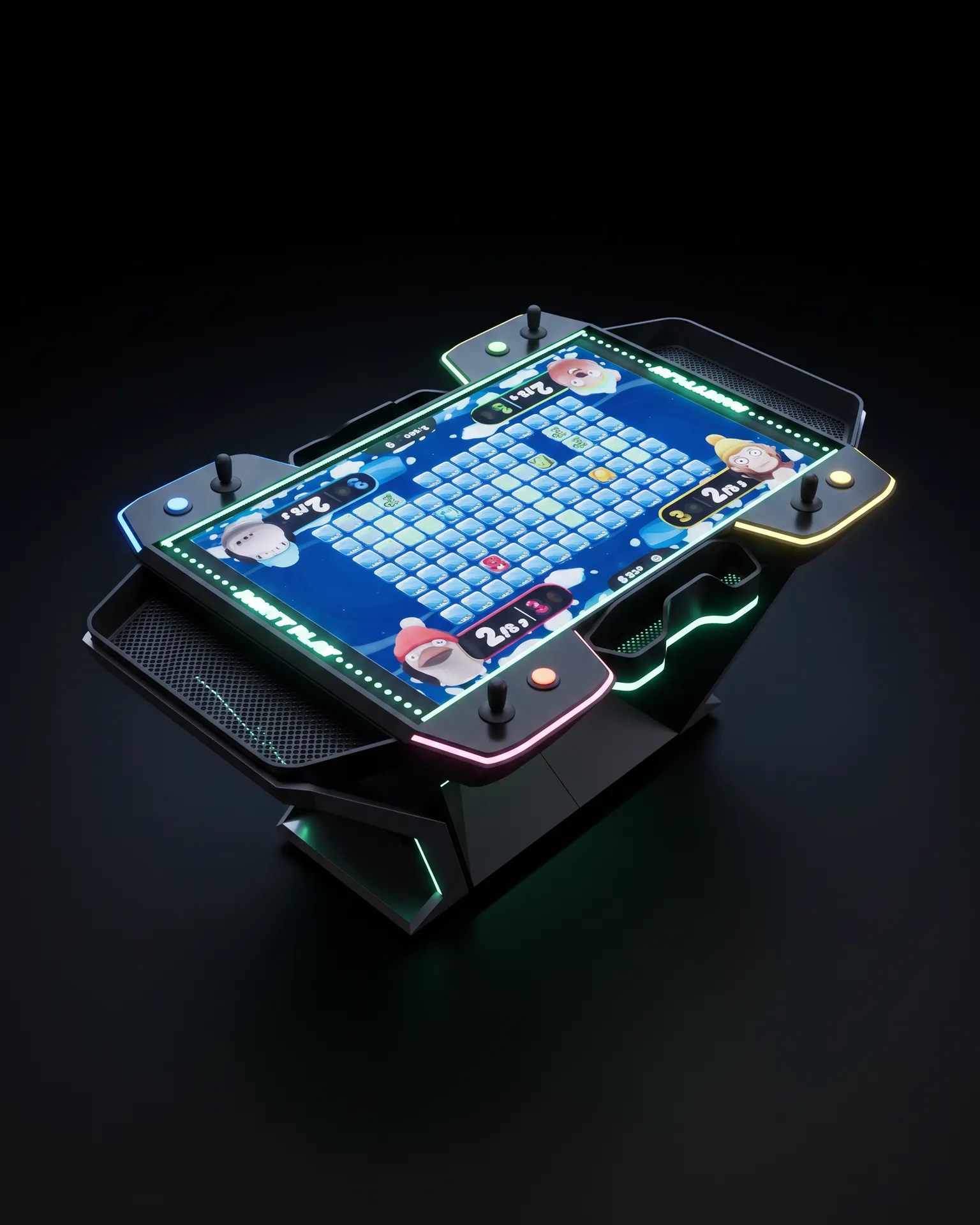 The FOURPLAY table lit by its own screen on a dark studio floor.