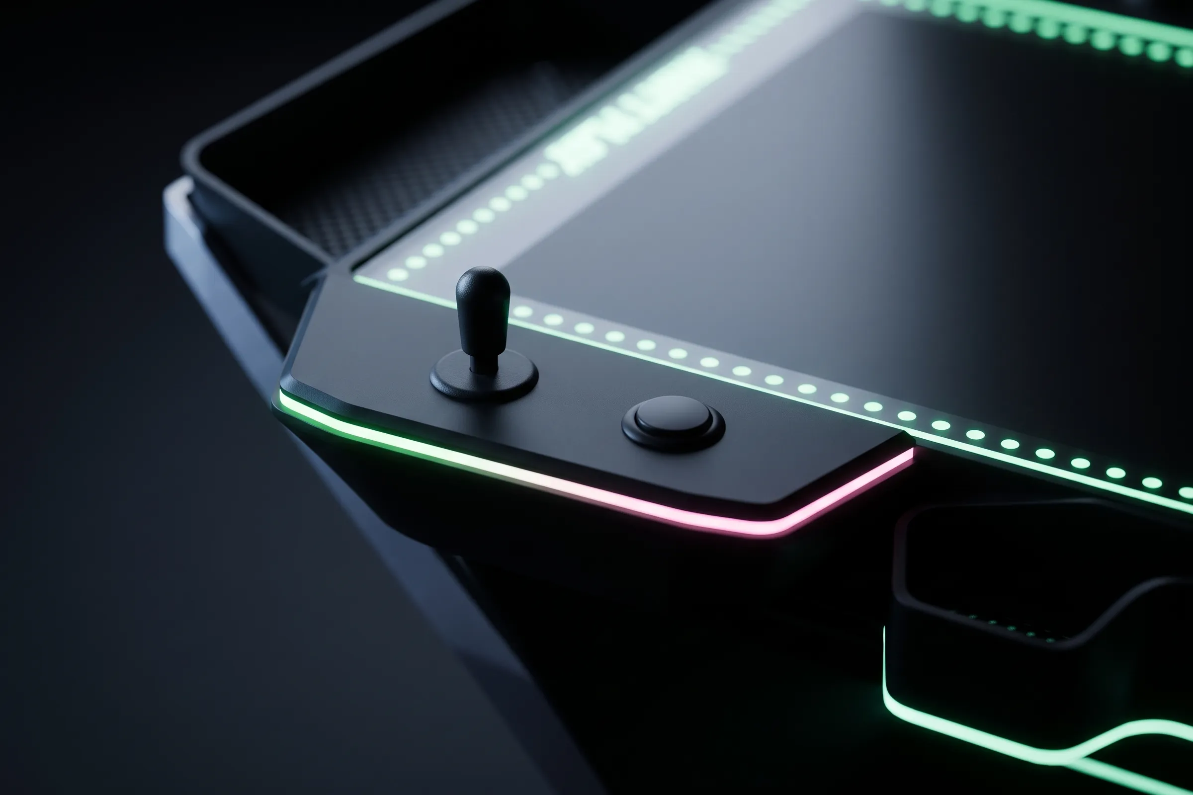 Close view of one FOURPLAY control shelf, showing its single short joystick, single round button and coloured edge light.