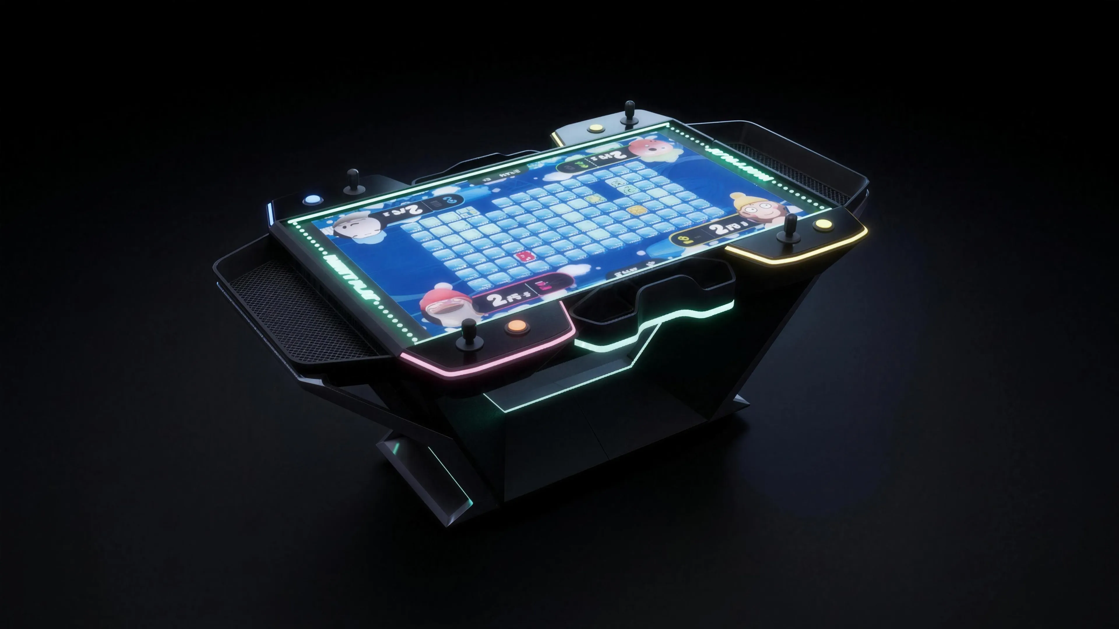The FOURPLAY table on a dark studio floor, showing the face-down screen and the four cantilevered control shelves.