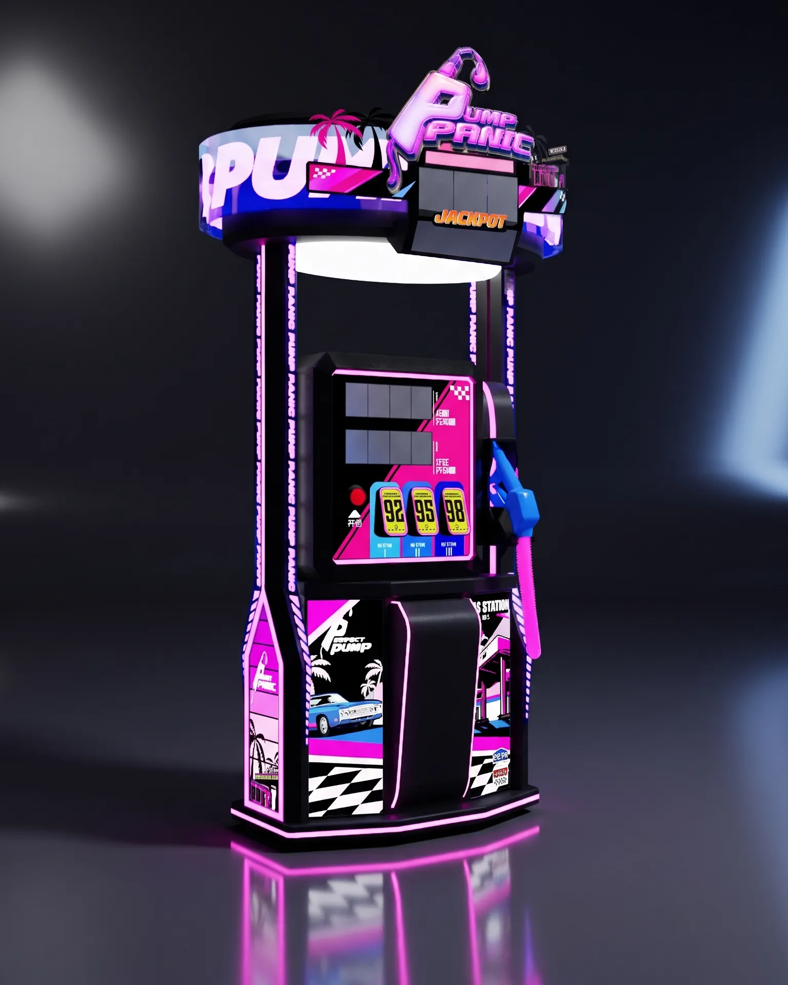 The Pump Panic cabinet lit pink and blue on a dark studio floor.