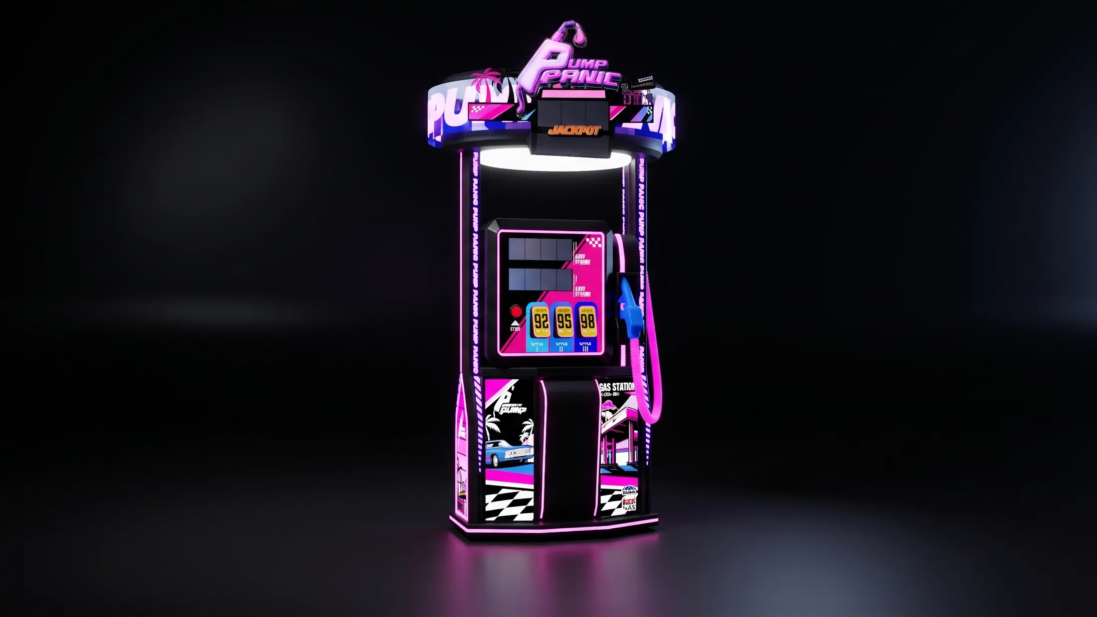 The Pump Panic cabinet lit on a dark studio floor, showing the illuminated drum topper, fuel-grade displays and blue pump handle on its coiled pink hose.