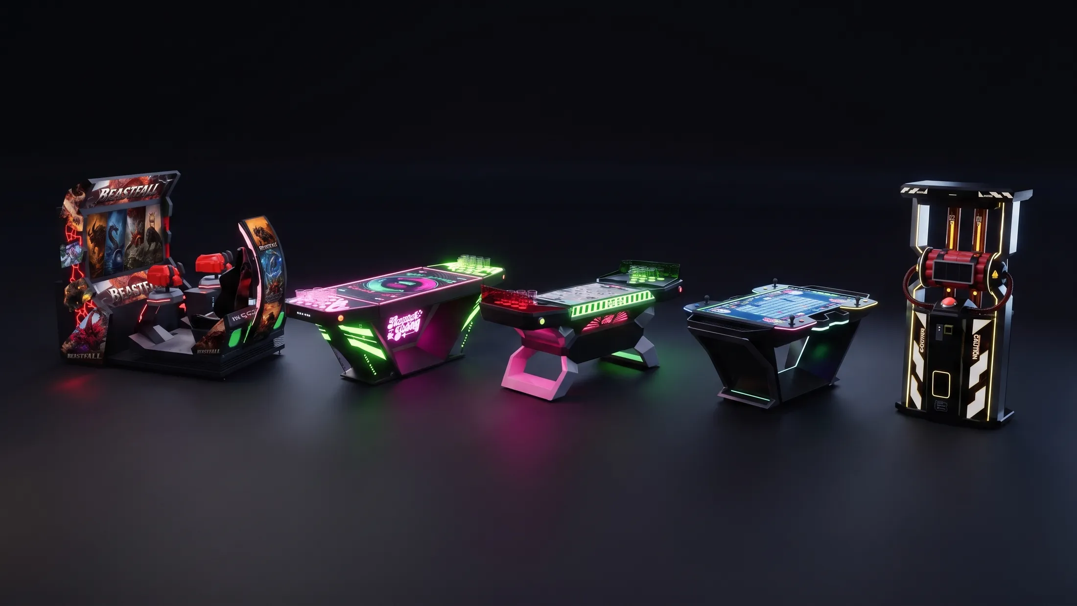 The Blazeplay range arranged together on a dark studio floor: Beastfall, both Blaze Pong tables, FOURPLAY and Zero Stop.
