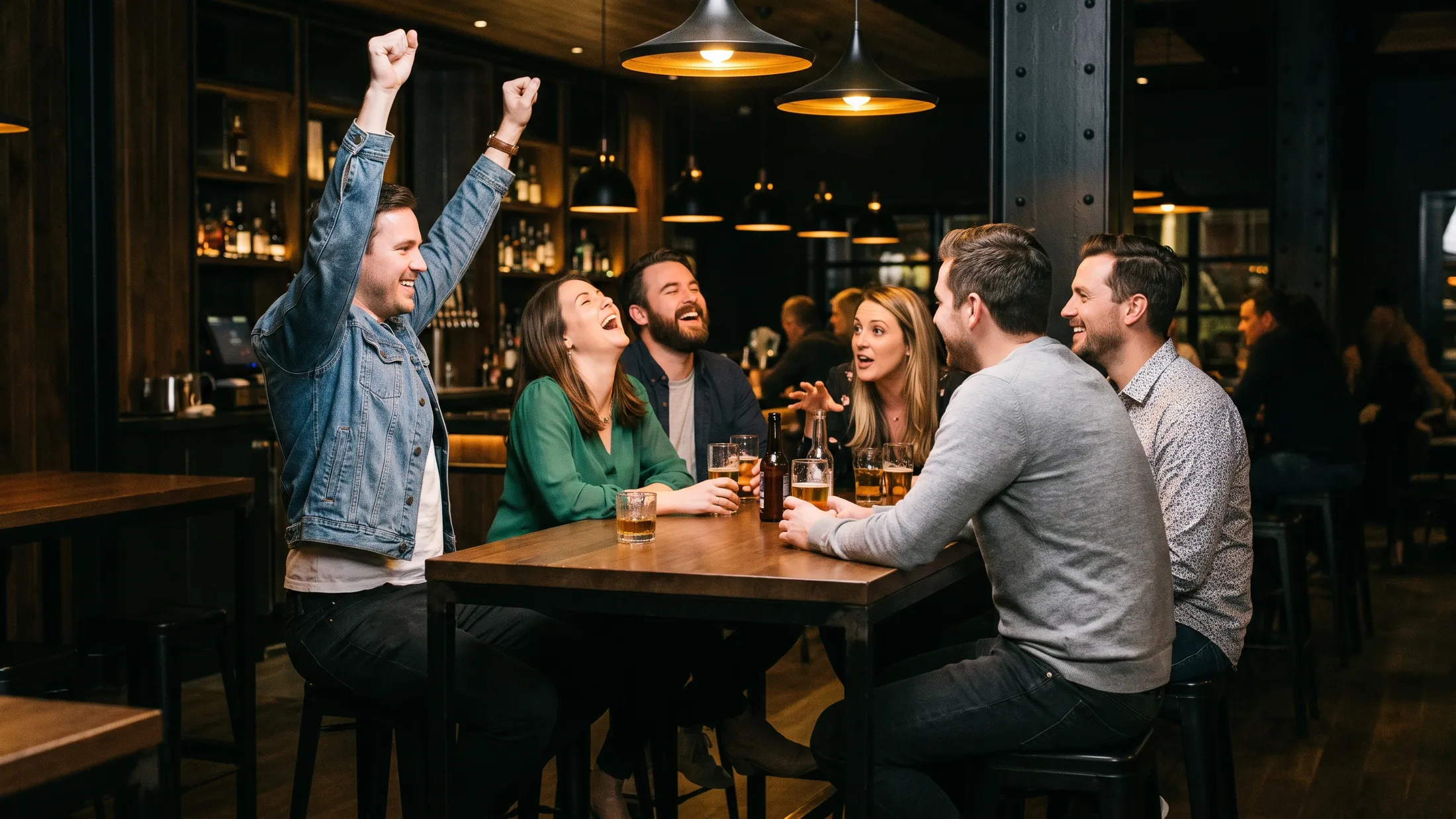 A group of friends in a warm, dark bar caught mid-celebration around a table.