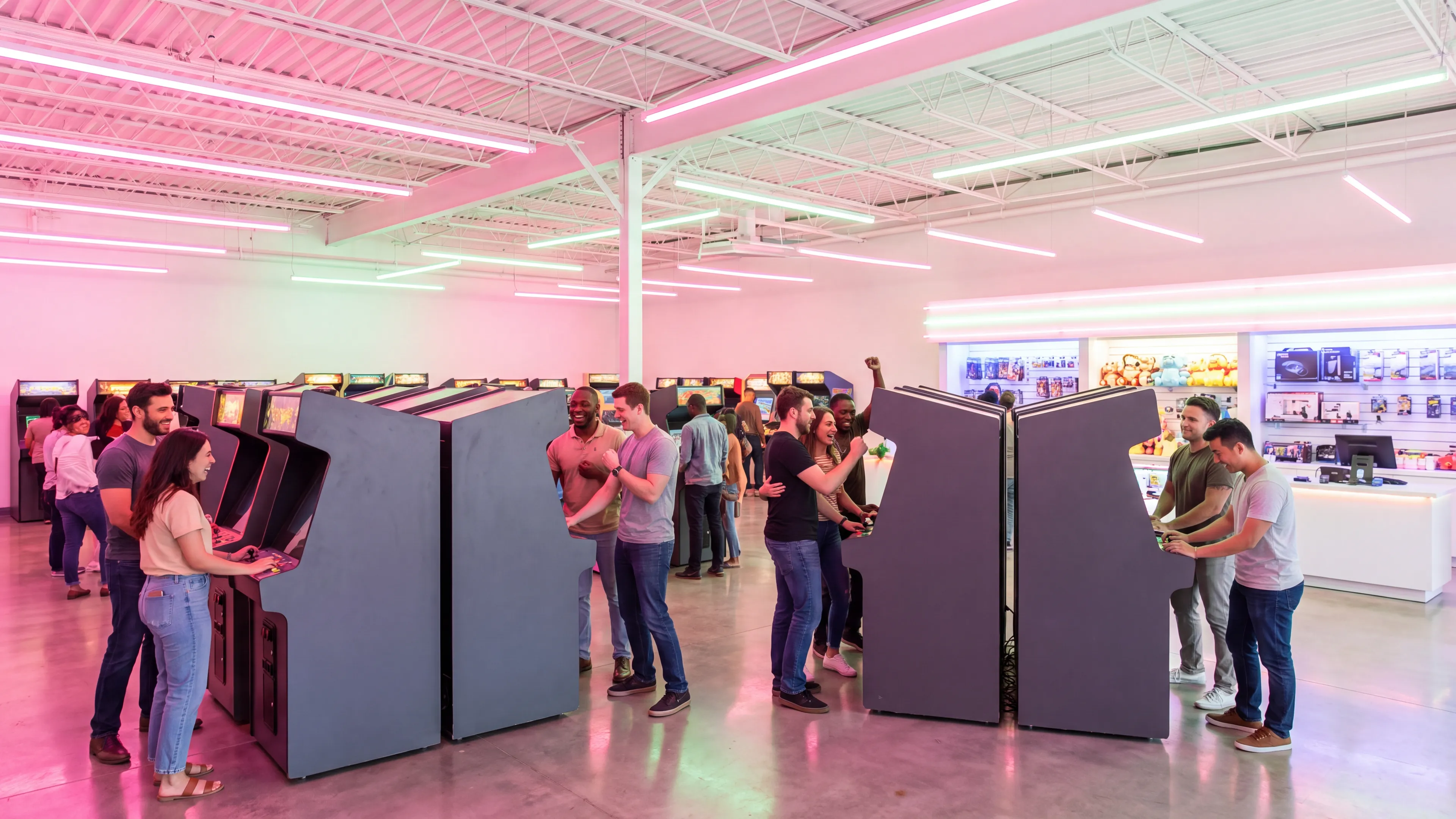 A busy arcade hall, groups of friends playing at rows of plain cabinets and laughing together under bright magenta and mint neon.