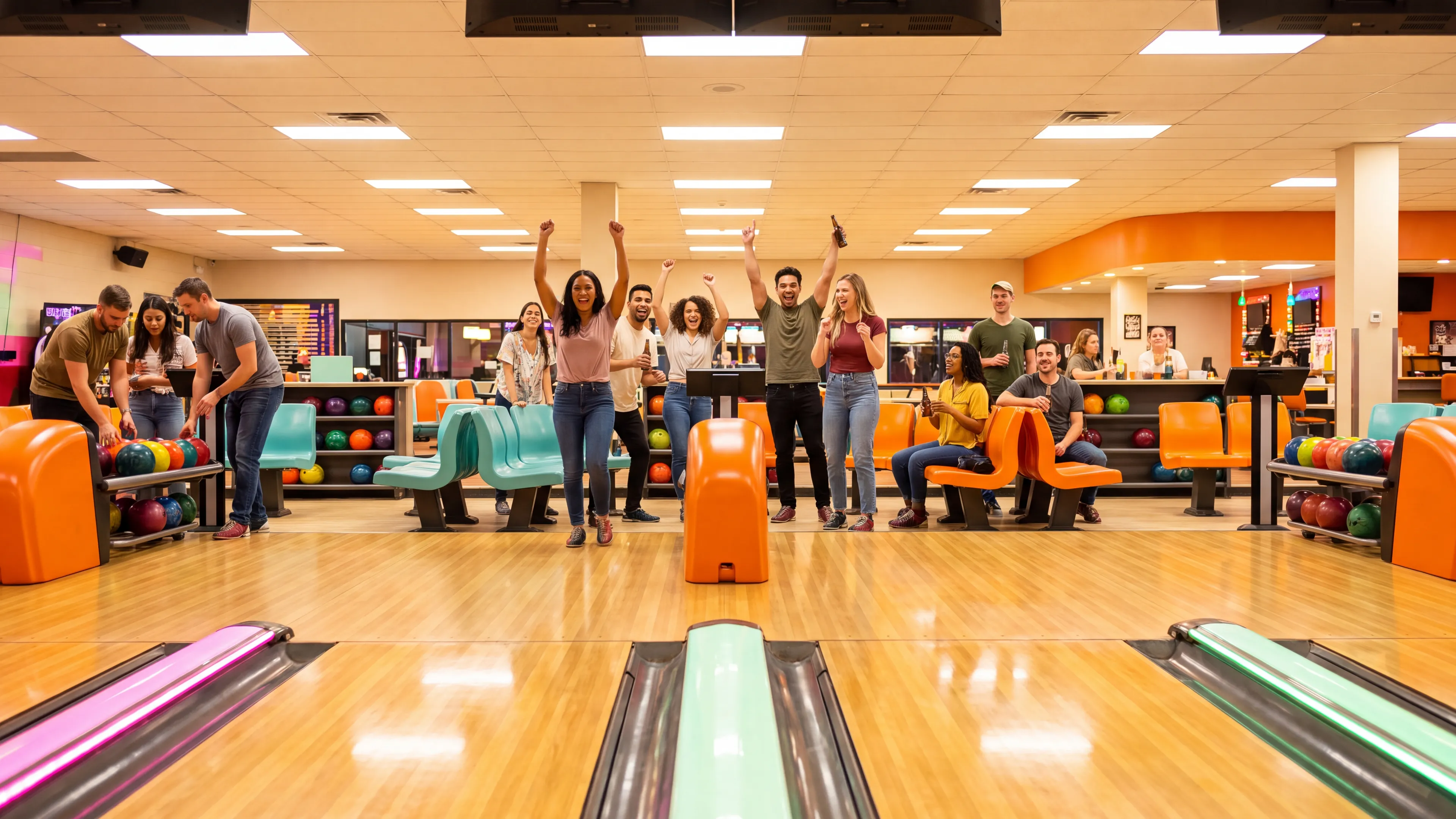 A busy bowling centre with the house lights up, a group celebrating with arms raised on the approach while friends watch from the seating.