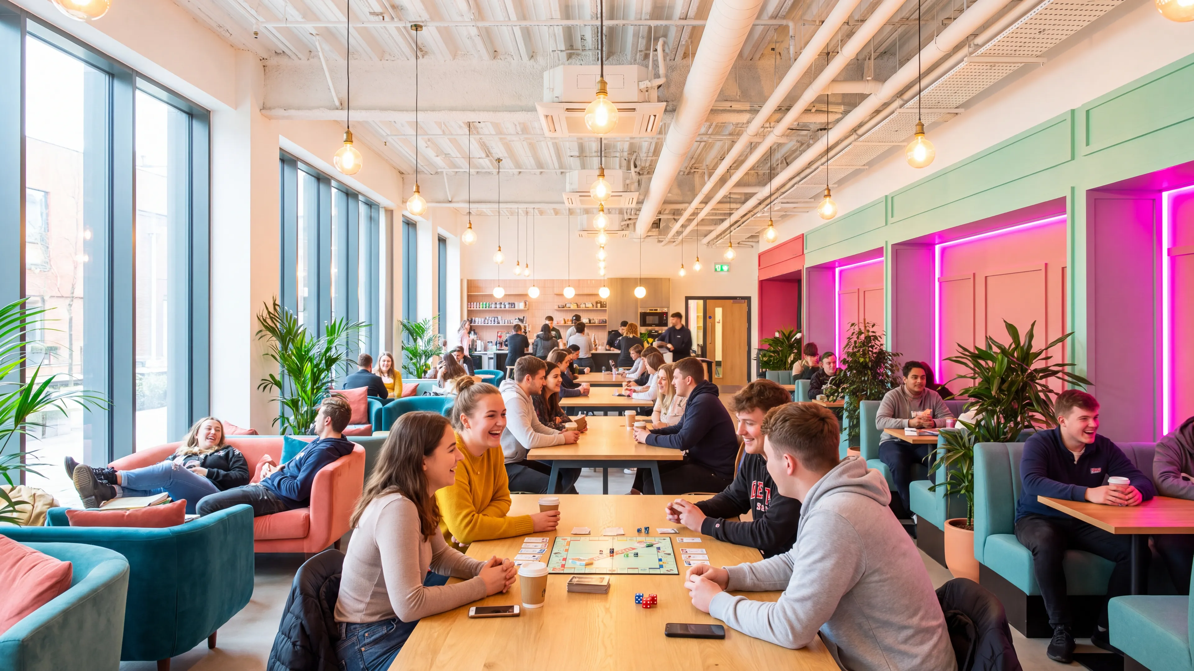 A student union in daylight, students laughing around a board game at long communal tables among teal and coral seating.