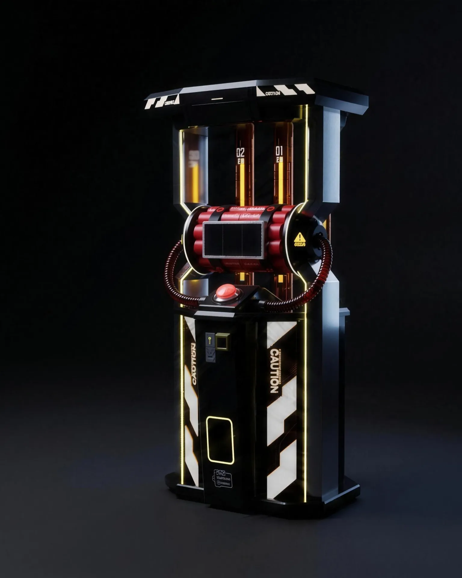 The Zero Stop tower lit yellow and red on a dark studio floor.