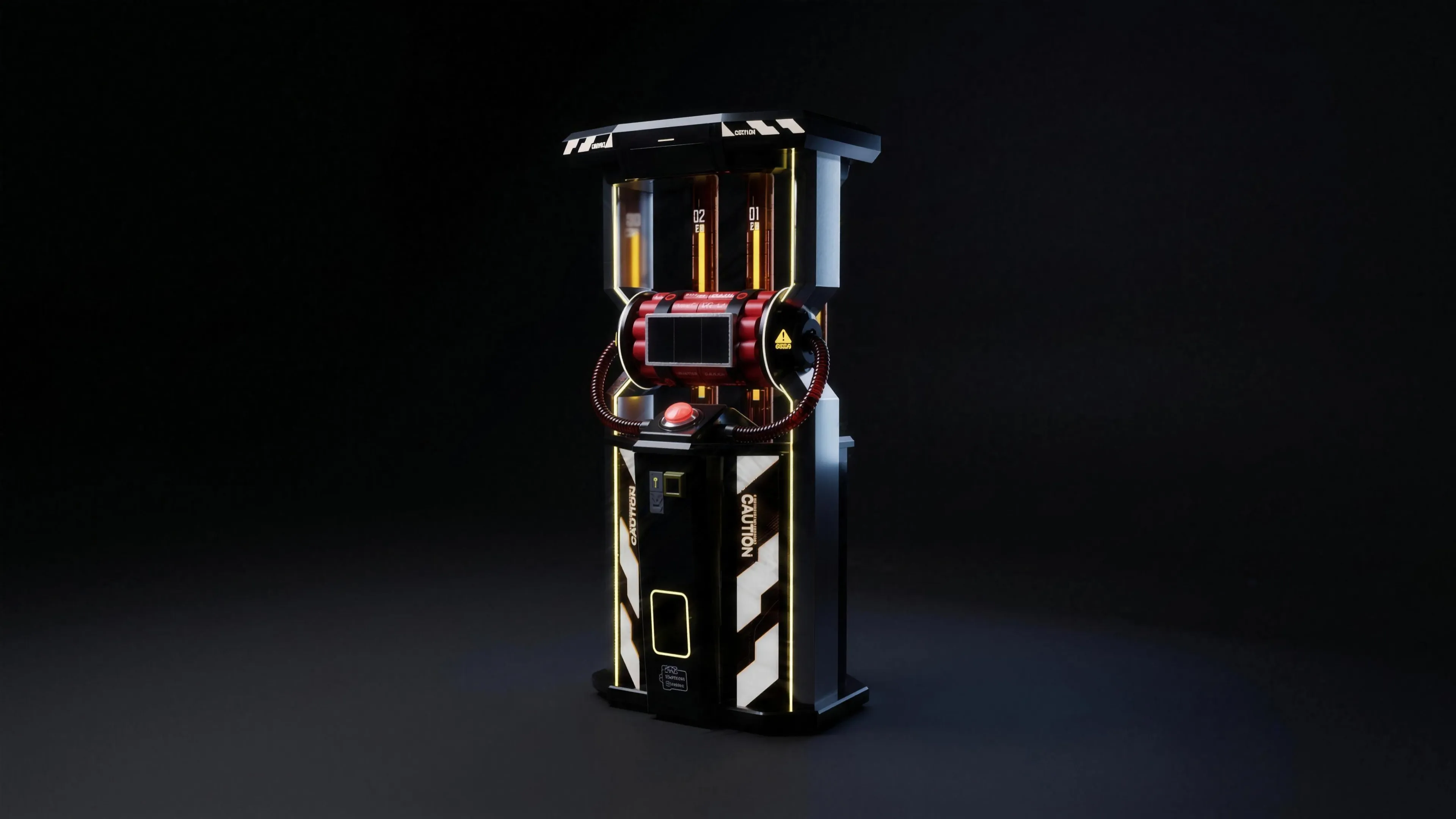 The Zero Stop tower lit yellow and red on a dark studio floor.